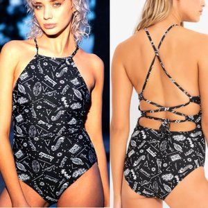 Harry Potter Spells Swimsuit Womens S Black White Spell Words Graphic Back Strap